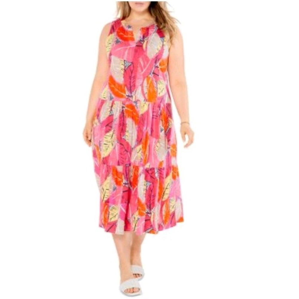 NIC+ZOE Dress 1X Pink Multi Tropical Linen Modal Tier Casual Vacation Resort NWT